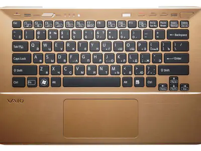 Клавиатура для ноутбука Sony Vaio SVS13P чёрная, с подсветкой, верхняя панель в сборе (золотая)